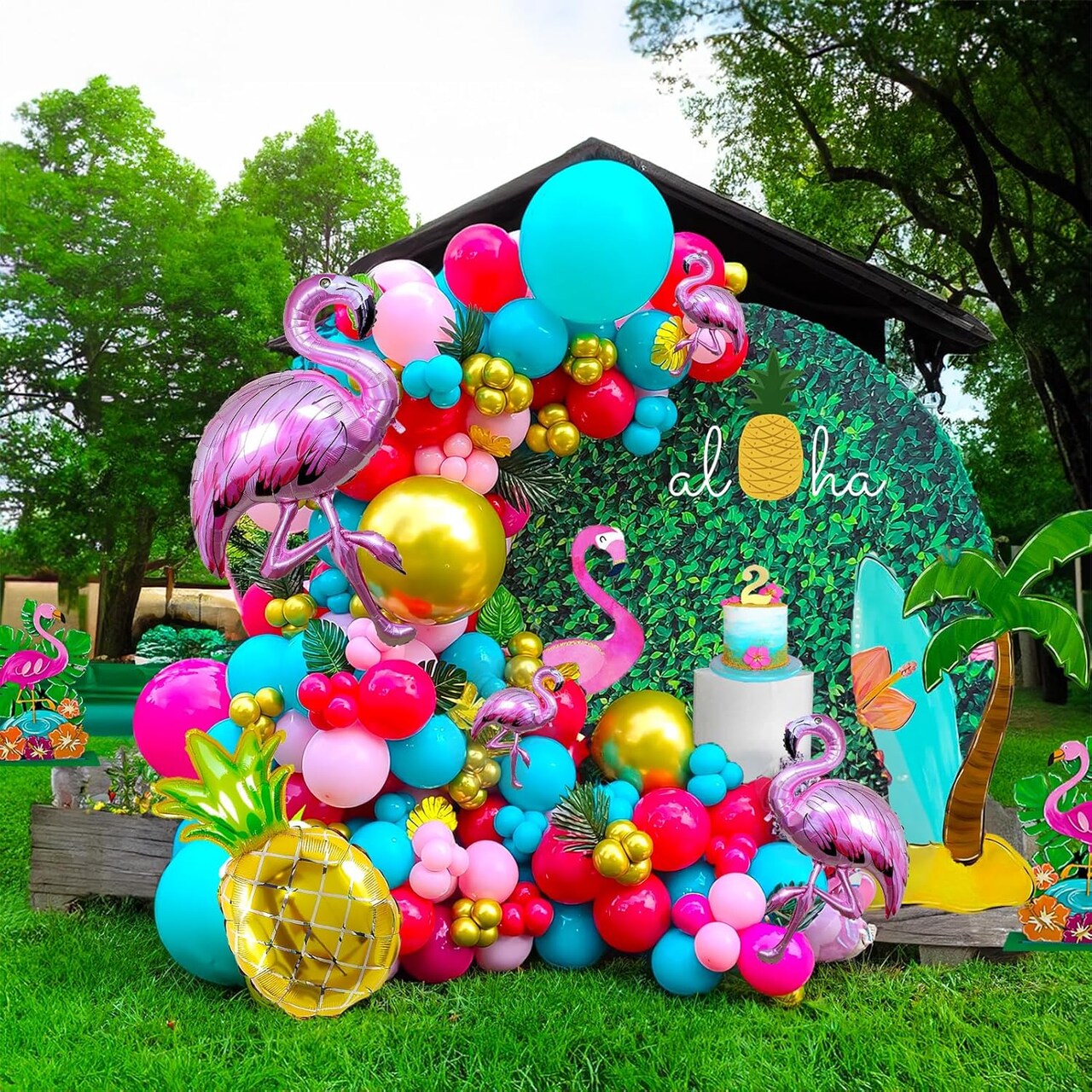 flamingo balloon garland arch kit 145Pcs Hot Pink magenta teal gold balloons mylar pineapple balloons Palm leaves